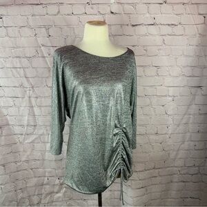 Chico's travelers collection shiny Silver Ruched Women's tunic Top sz 1 (M 8)
